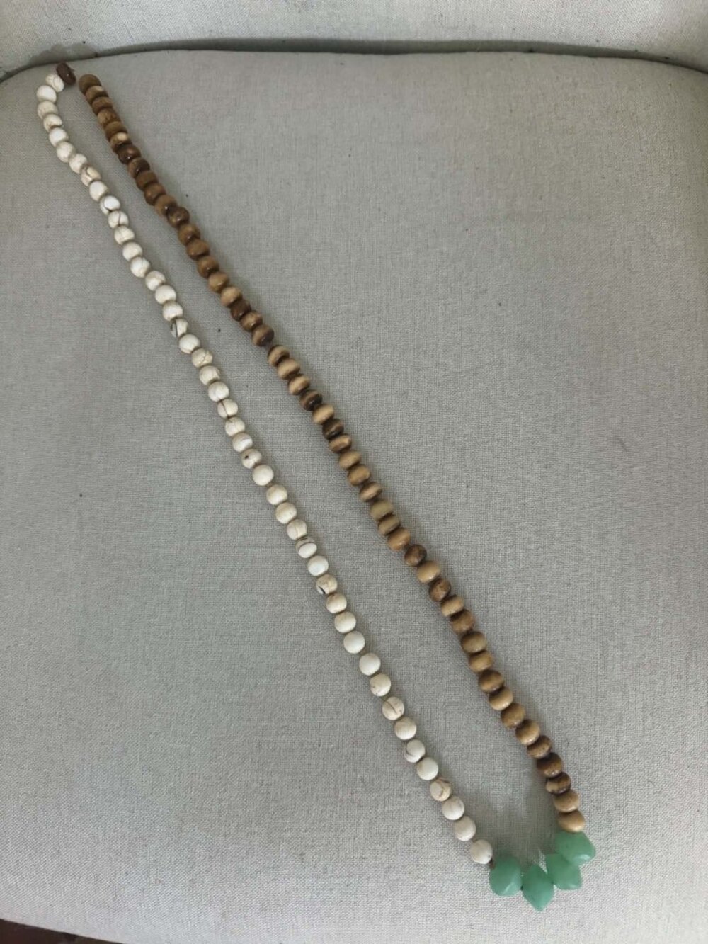 Artisan Natural Stone Long Beaded Necklace Seafoam Green Brown Ivory 34"